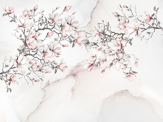 Blooming magnolia on tha abstract background. Illustration for wallpaper, photo wallpaper, mural, card, postcard, painting. Design in the loft, modern style. © lucja_lusilas.pl