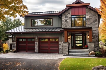 Fototapeta na wymiar Innovative Design and Natural Stone Elements in Splendid New House with Double Garage and Burgundy Siding, generative AI