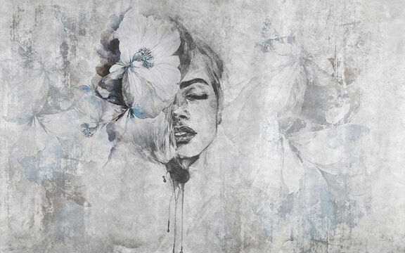 Fototapeta Spectacular watercolor beautiful woman face with white and blue flower. Digital art 3D illustration. Background for wallpaper, photo wallpaper, mural, card, postcard, painting. 