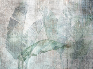 Big banana leaves. Grunge photo wallpaper with golden abstract elements on concrete background. Illustration for wallpaper, fresco, mural. - obrazy, fototapety, plakaty