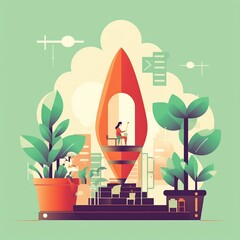 Flat illustration of a business incubator nurturing a plant, representing startup growth. - obrazy, fototapety, plakaty