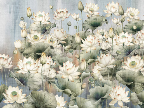 Fototapeta Lotus flowers and leaves. Texture of white concrete or cement wall for background. Illustration for wallpaper, mural, poster, card.