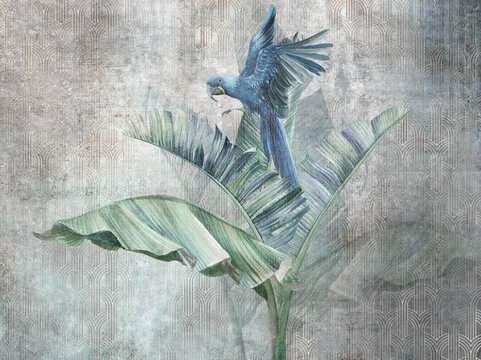 Parrot on big banana leaves. Grunge photo wallpaper with abstract elements on concrete background. Illustration for wallpaper, fresco, mural, poster, card.