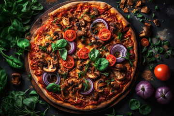 Healthy vegetarian pizza with sliced vegetables with sauce. Generative AI illustration.