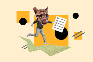 Creative composite illustration 3d photo collage of funny headless man with cat head searching for...