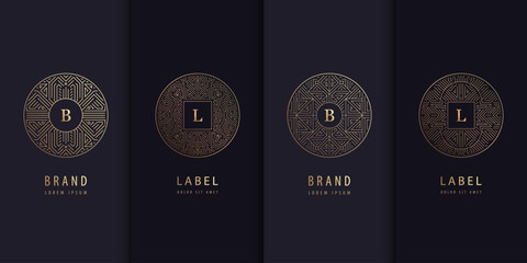 Vector set of golden label design patterns. Circle art deco logos, cosmetic, chocolate, tea, wine package. Luxury royal style, vintage fancy signs with letters
