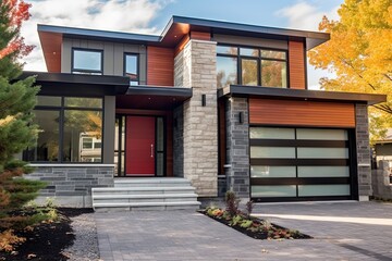 Red Siding and Natural Stone Entrance Highlight Sleek Architecture of Sumptuous Brand New Residence with Single Car Garage, generative AI