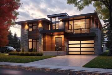 Newly Built Residence with Sleek Architecture: Single Car Garage, Burgundy Siding, and Natural Stone Entrance, generative AI