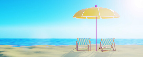 Chaise lounge with umbrella on the sandy shore. Theme concept, time to relax. Summer concept. Vacation time. Vacation on the beach. 3d render.