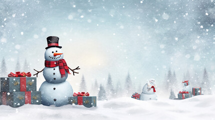 雪だるまが描かれたギフトボックスのクリスマスバナーGenerativeAI
