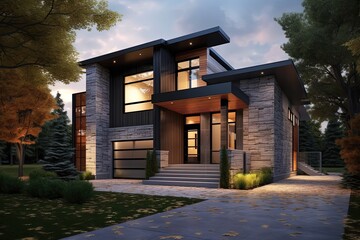 Sleek Architecture and Dark Green Siding Adorn Sumptuous New Residence with Natural Stone Entrance and Single-Car Garage, generative AI