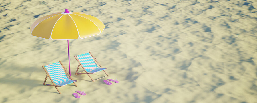 Theme concept, time to relax. Chaise lounge with umbrella on the sandy shore. Summer concept. Vacation time. Vacation on the beach. 3d render.