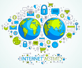 Global internet connection concept, planet earth with different icons set, big data, internet activity, global communication, vector, elements can be used separately.