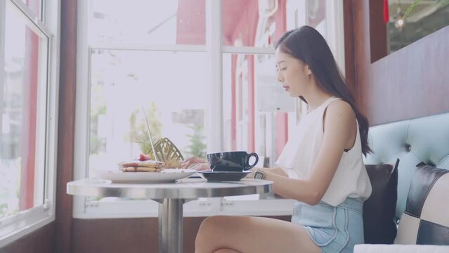 Travel. Young woman using laptop with cup of hot coffee in cafe. Woman while working with laptop and drinking coffee.
