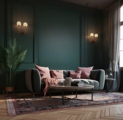 Dark green living room interior. Empty wall. Generative AI.