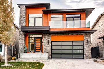 Fototapeta premium Sleek Architecture and Sumptuous Design: A Brand-New Residence with Natural Stone Entrance and Single Car Garage, generative AI