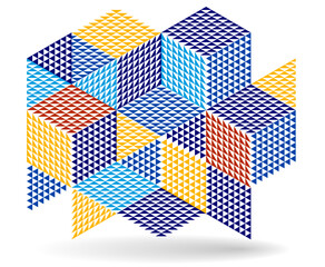 Abstract vector wallpaper with 3D isometric cubes blocks, geometric construction with blocks shapes and forms, cubic polygonal low poly theme.
