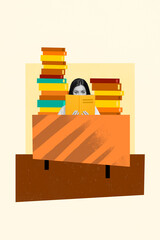 Picture poster artwork sketch image collage of worried afraid girl hiding face reading novel doing...