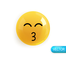 Emoji face kiss. Realistic 3d design. Emoticon yellow glossy color. Icon in plastic cartoon style isolated on white background. Vector illustration
