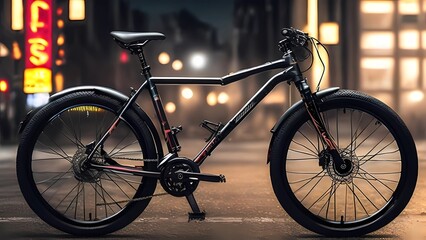 The bike itself should be stylish and sleek, with a modern design and reflective surfaces that catch and enhance the surrounding light