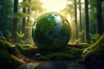 Obraz na płótnie Canvas ecology concept planet earth in the forest surrounded by greenery rescue lapnet global warming generative ai
