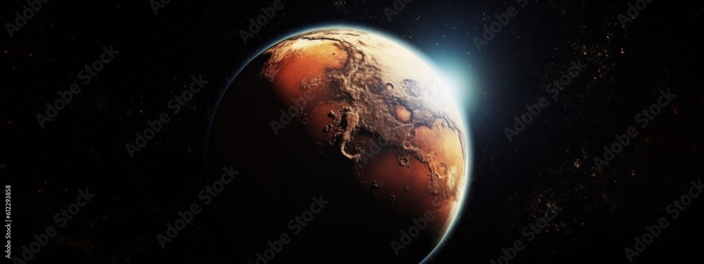 Wall mural banner poster planet moon mars in space on a dark background cinematic photo space for text copy spa