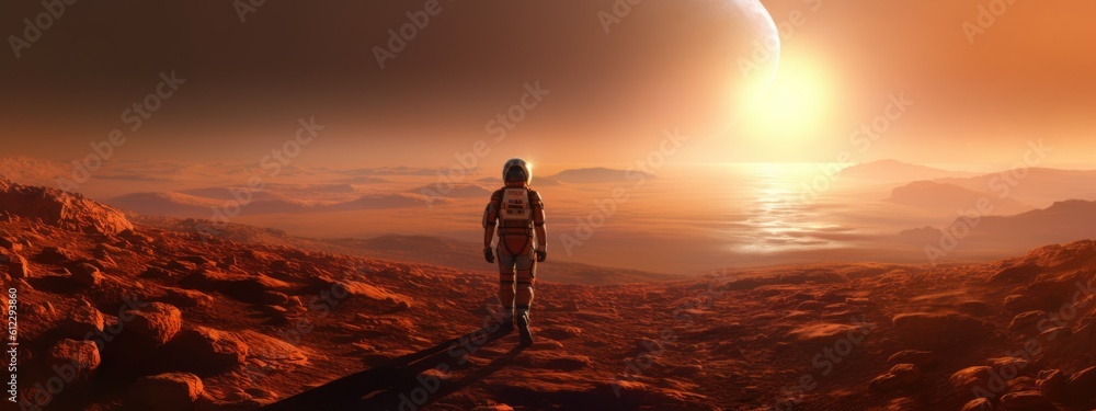 Wall mural one astronaut in a spacesuit on another planet banner poster planet moon mars in space on a dark bac