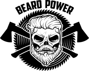 beard power. Skull with beard and two axes. Vector illustration.