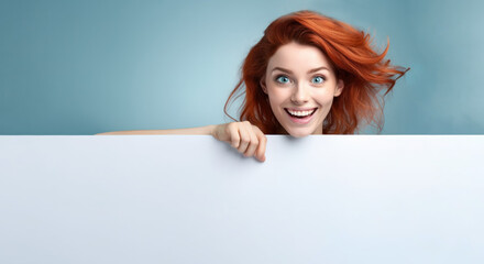 Naklejka premium ultra realistic photo of promotional banner of joyful redhead young girl on plain plain background generative ai