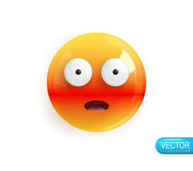 Emoji face thrown into the heat of surprise. Realistic 3d Icon. Render of yellow glossy color emoji in plastic cartoon style isolated on white background. Vector illustration