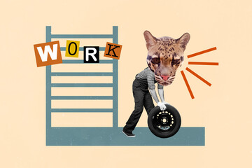 Abstract creative composite photo collage of headless man worker cat instead of head repairing...