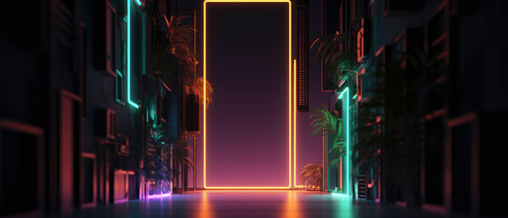 orange and cyan glowing neon lights interior plants and industrial walls, web banner, generative ai
