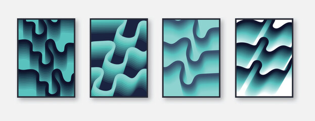 Set of four minimalistic poster with blue wavy gradient lines. Abstract geometric gradient wall art vector template. Modern poster for interior.