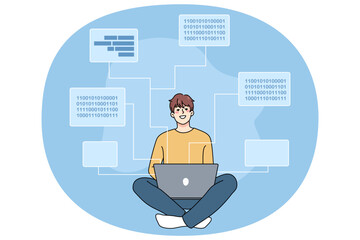 Smiling male software engineer working on computer writing codes and programs. Happy man programmer or backend developer busy on laptop, programming, creating scripts. Vector illustration.