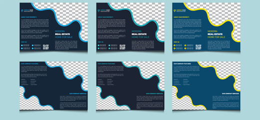 Elegant blue modern creative corporate clean real estate construction house building home for sale house property business bi fold brochure design template.