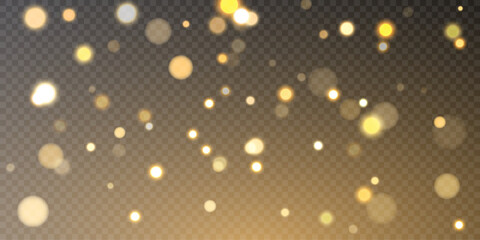 Sparkling golden magic dust particles bokeh on transparent background, Christmas sparkle light effect, sparkle, shine lights, yellow dust sparks and star shine with special light, vector illustration.