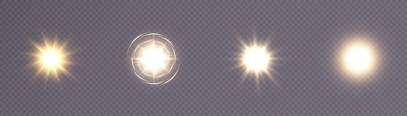 Set of light effects. A flash of warm light, a star on a transparent background. Sun, summer. light sunlight. Vector	 - obrazy, fototapety, plakaty