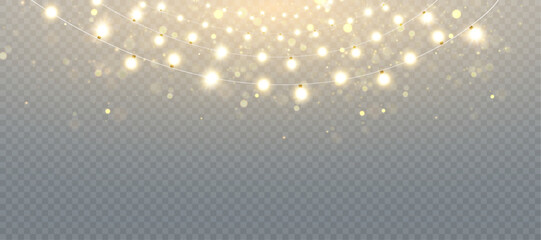 Christmas lights isolated on transparent background. Set of golden Christmas glowing garlands with sparks. For congratulations, invitations and advertising design. Vector	