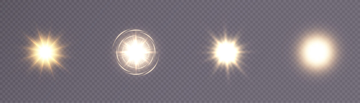Set of light effects. A flash of warm light, a star on a transparent background. Sun, summer. light sunlight. Vector	