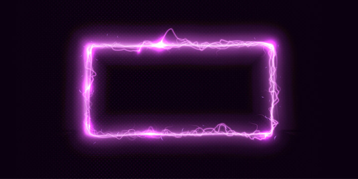 Rectangular frame with light effect. Energy flow tunnel. Purple portal with light distortion. With place for text.