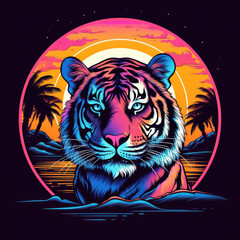 Tiger artwork with neon vibes and sunset backdrop
Vaporwave-inspired  Neon-lit tiger art