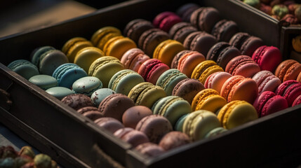 A tray of colorful macarons, displayed in an appealing arrangement