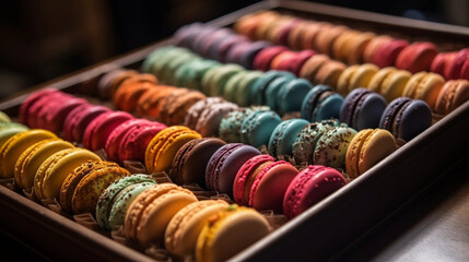 A tray of colorful macarons, displayed in an appealing arrangement