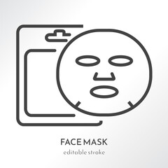 Face sheet gel hydrogel mask. Product packaging. Skin care icon. Outline pictogram. Line art. Vector illustration isolated on gradient background. Flat design. Cosmetology, medicine. Editable stroke