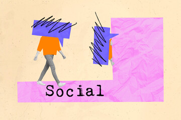 Banner poster artwork collage of headless people communicate receive message social media dialogue...