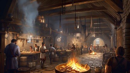 Bustling kitchen area of the tavern, with cooks preparing delicious meals, pots simmering on the fire, and savory aromas filling the air