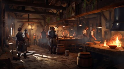 Fototapeta na wymiar Bustling kitchen area of the tavern, with cooks preparing delicious meals, pots simmering on the fire, and savory aromas filling the air