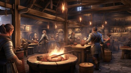 Obraz na płótnie Canvas Bustling kitchen area of the tavern, with cooks preparing delicious meals, pots simmering on the fire, and savory aromas filling the air