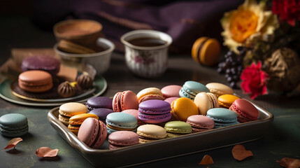 Obraz na płótnie Canvas A tray of colorful macarons, displayed in an appealing arrangement