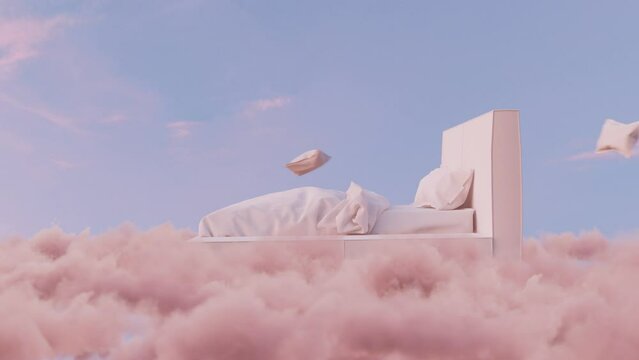 Flying bed over pink clouds surrounded by pillows flying by